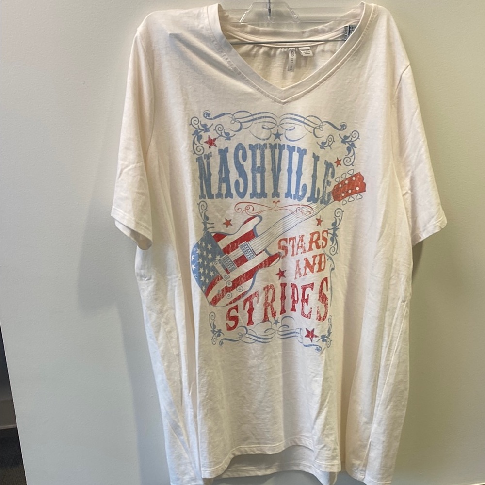 Cato White V-Neck Tee with Red & Blue Nashville Graphic